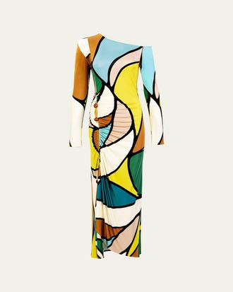 Silvia Tcherassi Ilania Abstract-Print Ruched Long-Sleeve Maxi Dress