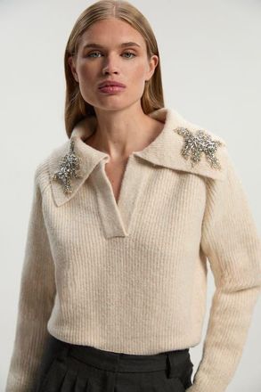 Karen Millen Embellished Collar V Neck Knit Sweater in Cream at Nordstrom, Size X-Small