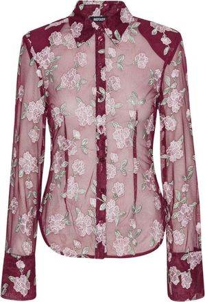 Rotate Sheer Floral Embroidery Shirt With Classic Collar