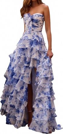 Sherri Hill Chiffon Strapless Ruffle Gown With Slit In Floral