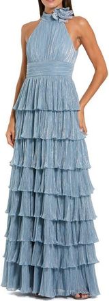 Mac Duggal Pleated Metallic Tiered Gown with 3D Flower in Powder Blue at Nordstrom, Size 14