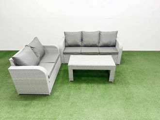 Fimous 5 Seater PE Rattan Wicker Garden Furniture Patio Conservatory Sofa Set with Oblong Coffee Table 3 Seater Sofa Love Sofa in Light Grey