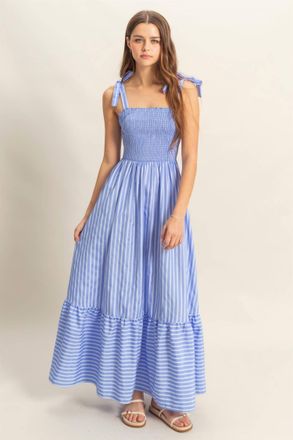 HYFVE Smocked Bodice With Tie Straps Striped Dress In Periwinkle Blue