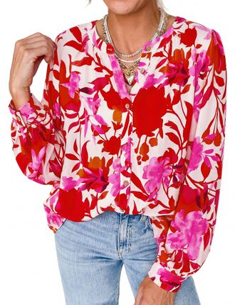 PrettyGarden Womens Floral Button Down Blouse 2025 Fall Fashion Dressy Casual Long Sleeve Oversized Shirts Top Boho Clothes, Floral White Rose Red, XL