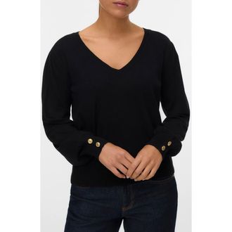 Vero Moda Hollykaris Long Sleeve V-Neck Pullover Sweater in Black/Gold at Nordstrom Rack, Size Xx-Large