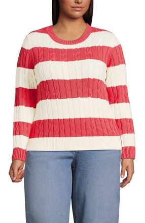 Lands End Cotton Cable Drifter Crewneck Sweater in Dusk Sea Coral/ivory Rugby at Nordstrom, Size 3X