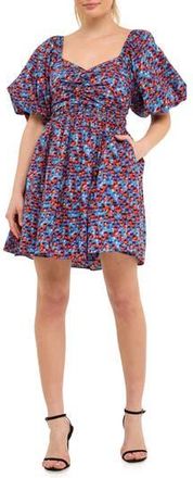 endless rose Floral Print Ruched Puff Sleeve Cotton Poplin Babydoll Dress in Blue/purple at Nordstrom Rack, Size X-Small