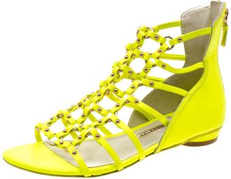 Sophia Webster Neon Green Leather Studded Flat Sandals