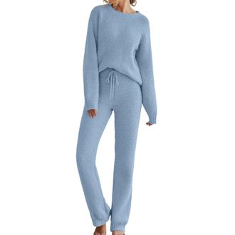Generic Lounge Wear Sets for Women UK Plus Size Fluffy Tracksuits Casual 2 Piece Outfit Soft Long Sleeve Solid Color Sweater Tops Wide Leg High Waist Trousers
