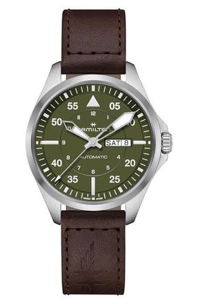 Hamilton Khaki Aviation Leather Strap Watch, 42mm in Green at Nordstrom