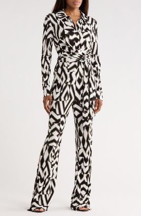 Diane Von F&uuml;rstenberg Michele Long Sleeve Wrap Jumpsuit in Troy Maze - Black/White at Nordstrom Rack, Size Xx-Small