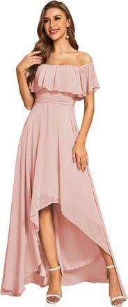 Ever-pretty Womens Elegant Off The Shoulder High-Low Chiffon Bridesmaid Dress Pink 18UK