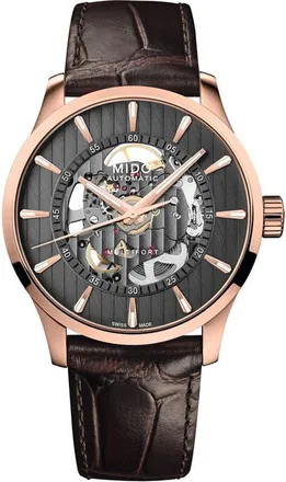 Mido Multifort Skeleton Vertigo Rose Gold Tone Automatic Leather Strap Watch, 42mm in Black at Nordstrom