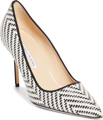 Manolo Blahnik BB Pointed Toe Raffia Pump in Ivory/Black at Nordstrom, Size 10.5Us