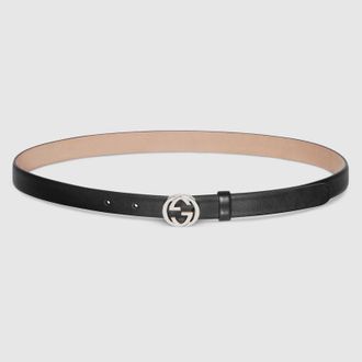 Gucci Thin Belt With Interlocking G Buckle, Black, Leather
