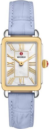 Michele Deco Park Two-Tone Mother-of-Pearl Tank Leather Strap Watch, 23mm x 29mm in Blue at Nordstrom