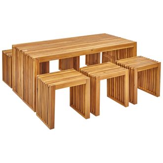 Beliani Conjunto De Jard&iacute;n 8 Piezas Interior Exterior Mesa Taburetes 6 Plazas Madera De Acacia Clara Bellano