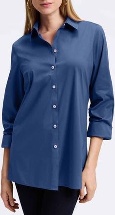 Foxcroft Evelyn Three-Quarter Sleeve Button-Up Shirt in Pacific Blue at Nordstrom Rack, Size X-Small