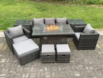 Fimous Wicker PE Rattan Garden Furniture Set Gas Fire Pit Dining Table Gas Heater Burner 8 Seater Dark Grey