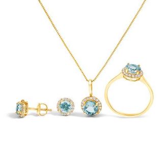 House of Brilliance 10K Gold Gemstone and 3/8 Cttw Diamond Halo Jewelry Set in Yellow | Blue Aquamarine at Nordstrom
