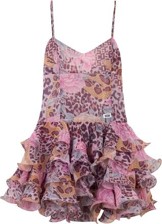 GCDS Gcds, Kleedjes, Dames, Roze, M, Polyester, Animalier Rouche Mini Jurk