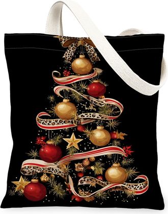 Generic Christmas Ornaments Canvas Tote Bags, Festive Tree Design Reusable Grocery Bags, Vintage Lightweight Washable Shoulder Stra, Black, 13x15 Inch