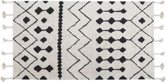 Beliani Alfombra De Algod&oacute;n Blanco Crema Negro 80 X 150 Cm Geom&eacute;trico Borlas Khemisset