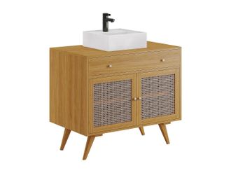 Vente-Unique Mueble de ba&ntilde;o de teca clara y mimbre con lavabo de cer&aacute;mica - 90 cm - MANSULAN