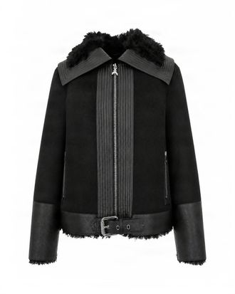 Patrizia Pepe Black Leather-Effect Plush Fur Collar Jacket