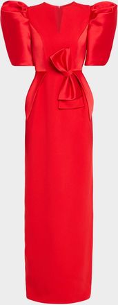 Dice Kayek Puff-Sleeve Satin Bow Column Gown