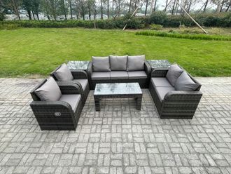 Fimous Outdoor Rattan Garden Furniture Set Rattan Lounge Sofa Set with Rectangular Coffee Table 2 Side Tables Dark Grey Mixed