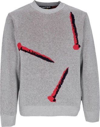 Iuter Grijze Jumper met Nagelborduurwerk - Heren - Ronde hals truien - Grijs - L - Katoen - Truien & Vesten