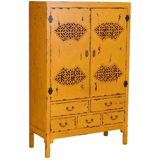 Wanderlust Deco Armario De Madera Envejecido Amarillo 96x40x150h Cm