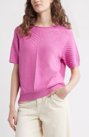 Treasure & Bond Pointelle Short Sleeve Cotton Sweater in Pink Surprise at Nordstrom Rack, Size X-Large