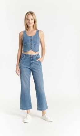 OAT New Yor Button Front Denim Vest In Finn Medium Wash