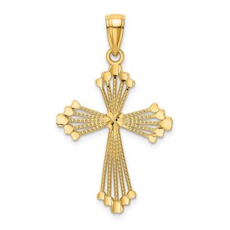 Diamond2Deal 14k Yellow Gold Diamond-cut Cut-Out Stripes Cross with Heart Charm Pendant