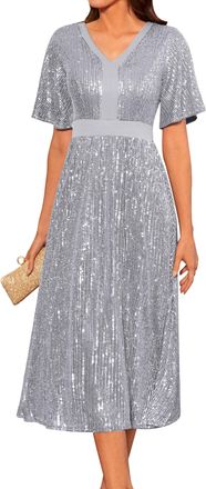 Grace Karin Womens Casual Dress Elegant Sequin Dress Short Sleeve Evening Dress V-Neck Swing Cocktail Dress A-Line Pleated Skirt XL Silver