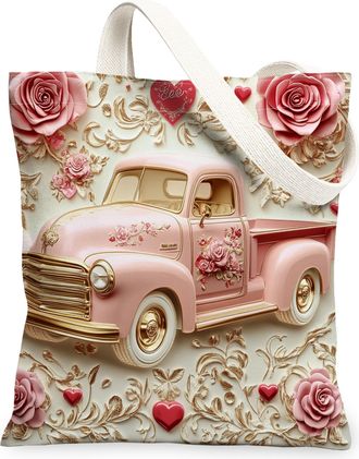 Generic Floral Canvas Tote Bags, Cute Truck Pattern Reusable Grocery Bags, Spring Lightweight Washable Shoulder Strap for Travel Beach Picnic 13x15 Inch