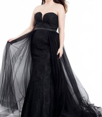 Rachel Allan Strapless Lace Floral Prom Dress With Overskirt In Black