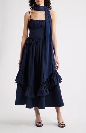 Damson Madder Juno Ruffle Midi Dress & Sheer Scarf in Navy at Nordstrom, Size 16 Us