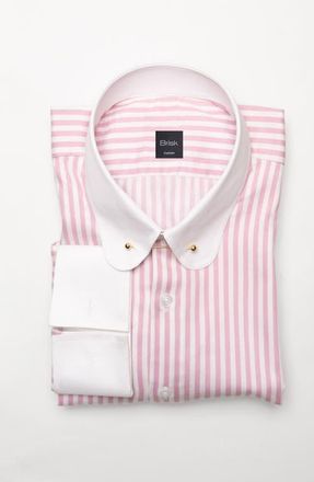 Brisk Bengal Twill Stripes Pima Cotton Shirt in White Club Golden Pin Collar at Nordstrom, Size 17