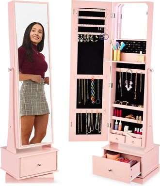 Best Choice Products 360 Swivel Standing Mirrored Jewelry Cabinet, LED-Lit Makeup Organizer w/ Mirror
