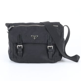 Prada Black Nylon Leather Messenger Bag Shoulder Bag (Pre-Owned)