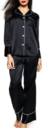 Petite Plume Contrast Piping Silk Pajamas in Black at Nordstrom, Size X-Small