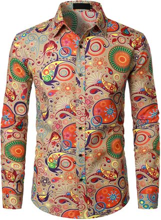 PARKLEES Mens Linen 70s Hippie Traditional Style Pattern Printed Long Sleeve Button up Shirt Khaki XXX-Large