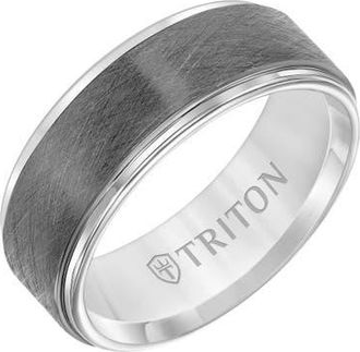 Triton 8MM Tungsten Carbide Ring with Gunmetal Crystalline Center and Step Edge in Metallic Silver at Nordstrom, Size 12.5