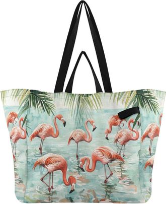 Generic Flamingo Palm Green pattern Reusable Canvas Tote Bag, Heavy Duty Grocery Shopping Bag with Hard Bottom Large Capacity Double Handles Work Groceries Tr