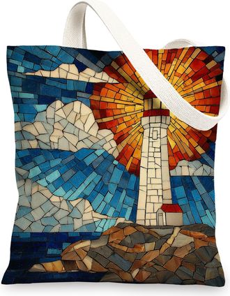 Generic Mosaic Lighthouse Canvas Tote Bag, Lightweight Reusable Beach Shoulder Bags, Vibrant Art Design 13x15 Inch