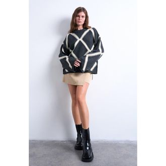 Topshop Oversize Argyle Crewneck Sweater in Charcoal at Nordstrom Rack, Size Small P