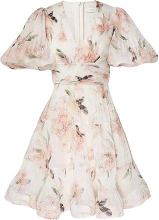 Zimmermann Bloemen Geplooide Mini Jurk - Dames - Korte kleedjes - Wit - XS - Polyester - Kleedjes